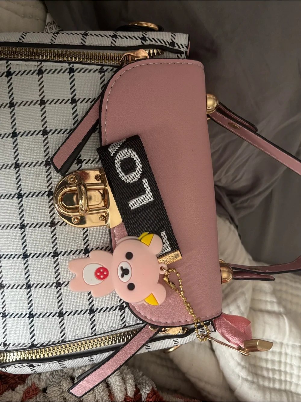 Pink Top-Handle Plaid Satchel Bag